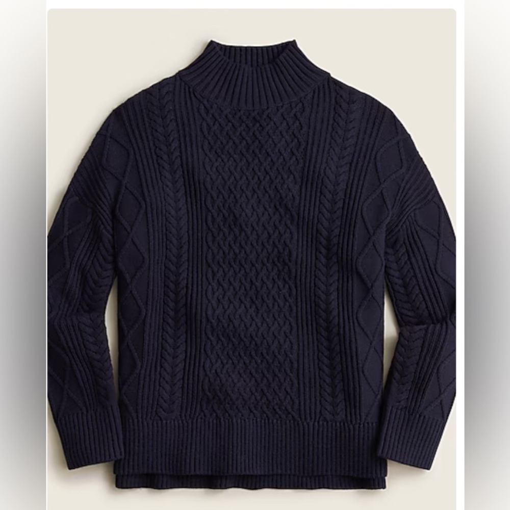 J. Crew- Long cable-knit mock neck sweater- Navy